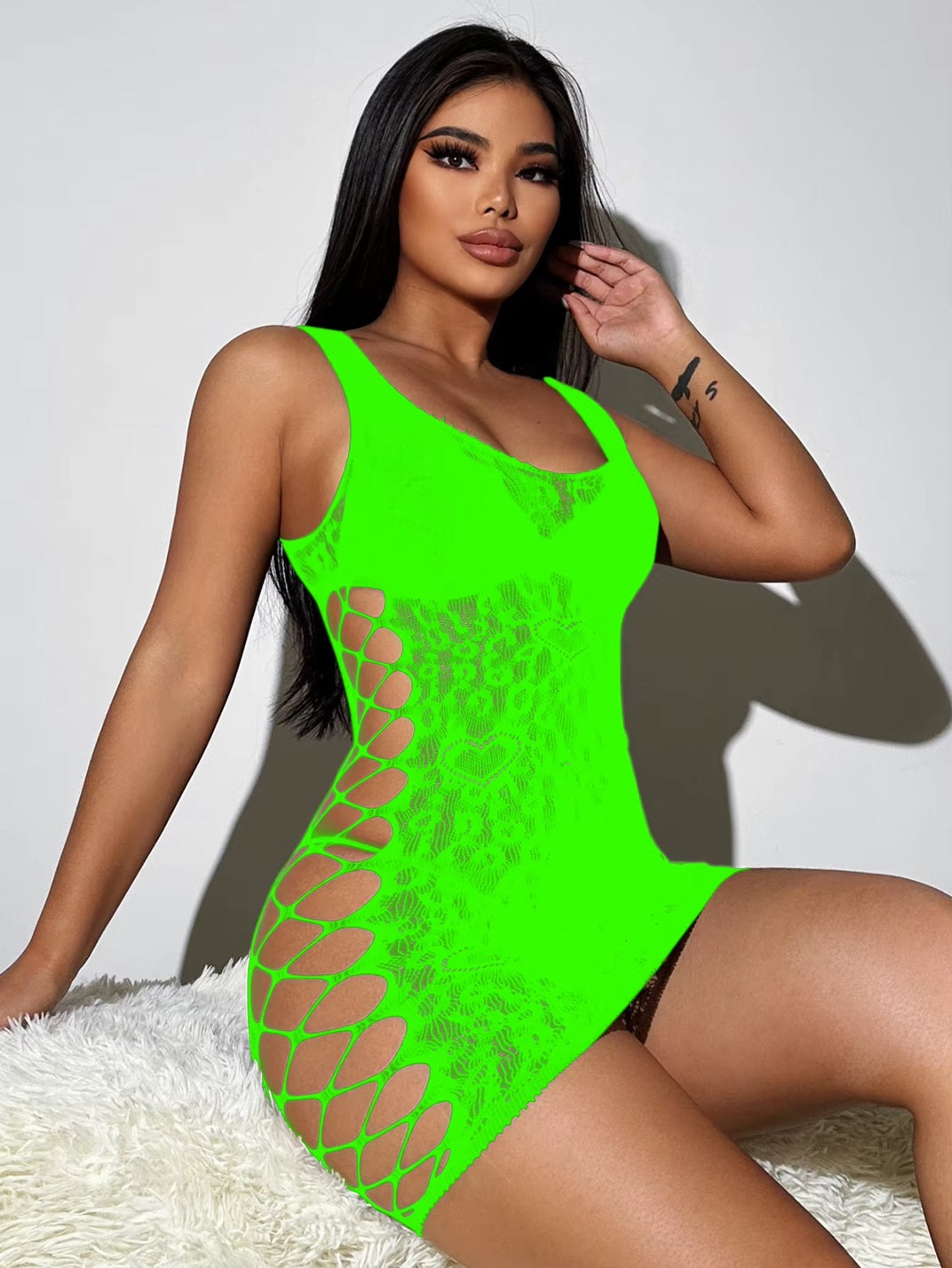 TK090 Mesh Net Side Shred Mini Dress