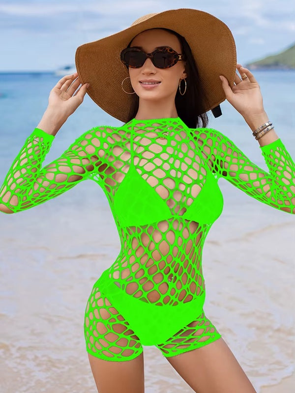 F756 Large Fishnet Hole Long Sleeve Romper/Bodysuit