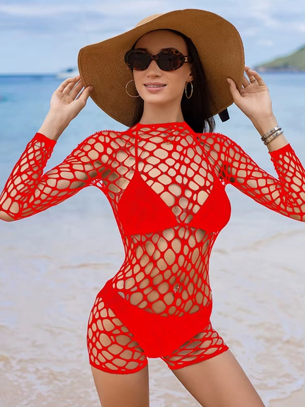 F756 Large Fishnet Hole Long Sleeve Romper/Bodysuit