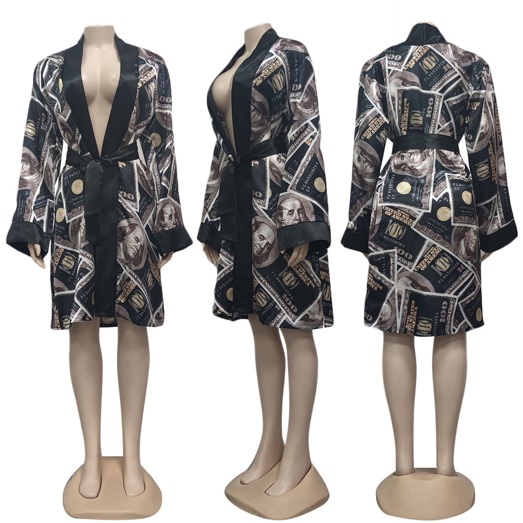 R412 Brown Big Money Design Silk/Satin Robe