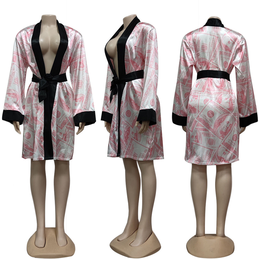 RJ13 Pink Black Trim Satin Dollar Printed Robe
