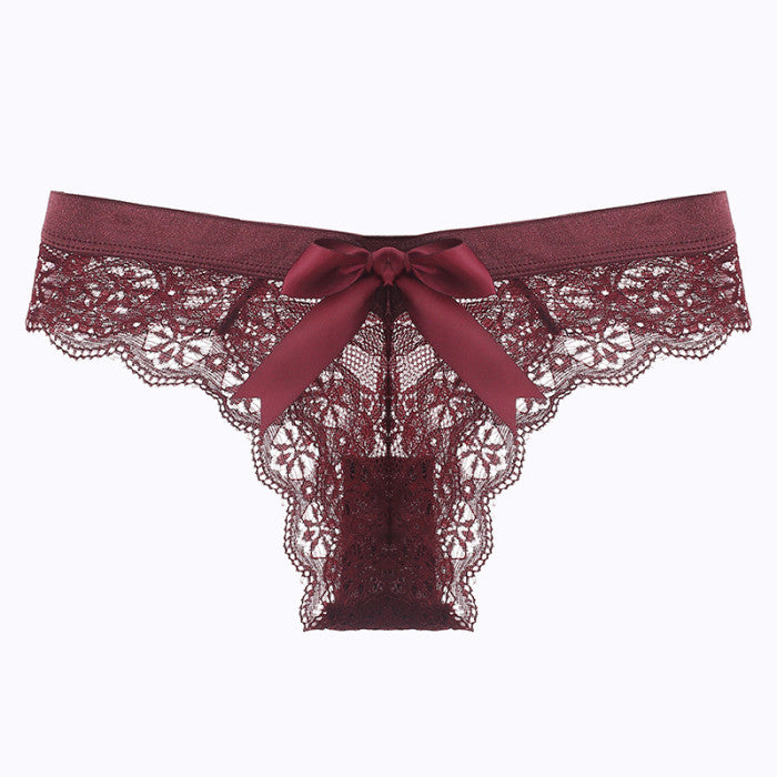 1935 Wine Sexy Low-Rise Pure Temptation Lace Panties with Cute Bow