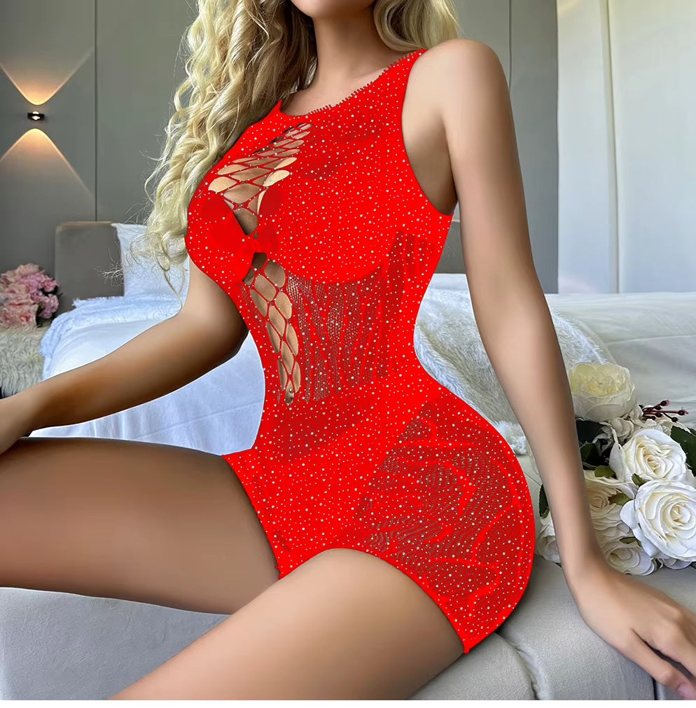 TZ611 Rhinestone Fishnet Bodysuit Lingerie Romper
