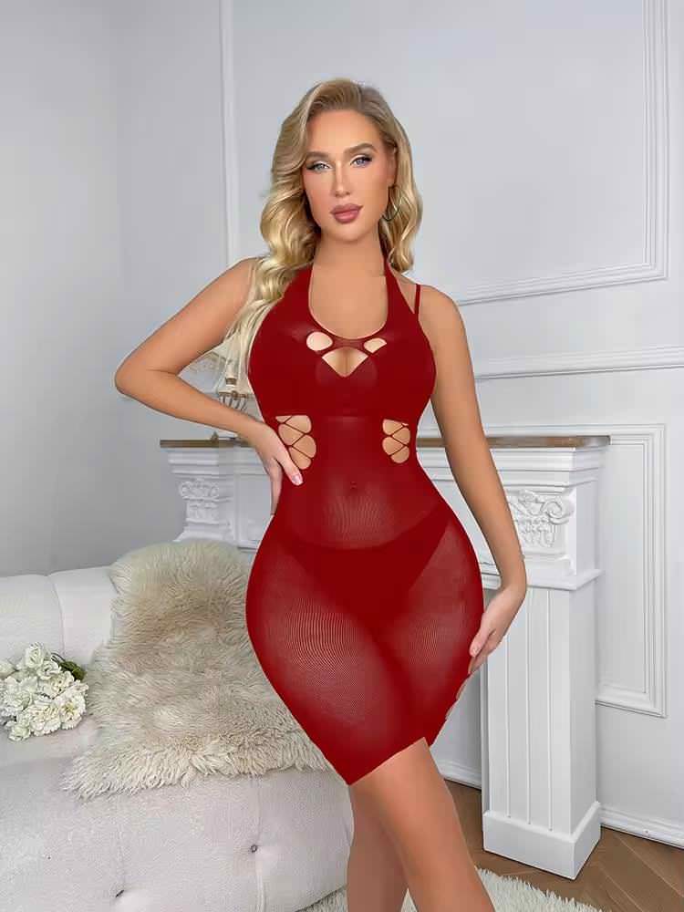 W579 Halter Neck Cutout Fishnet Bodysuit/Romper