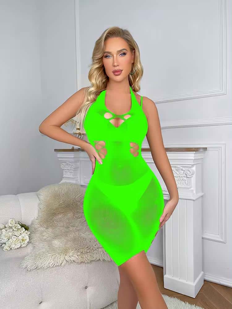 W579 Halter Neck Cutout Fishnet Bodysuit/Romper