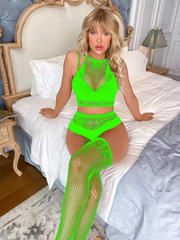 1802 Lace Mesh 2pc Crop Top and Crotchless Stocking