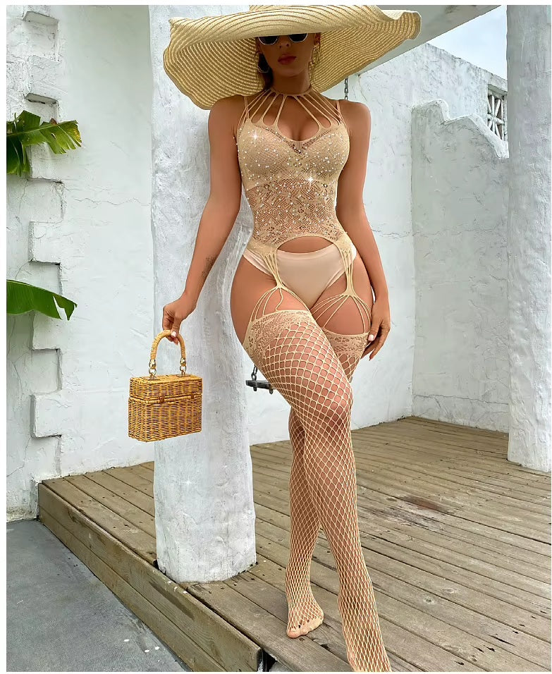 T692 Rhinestone Suspender Fishnet Bodystocking