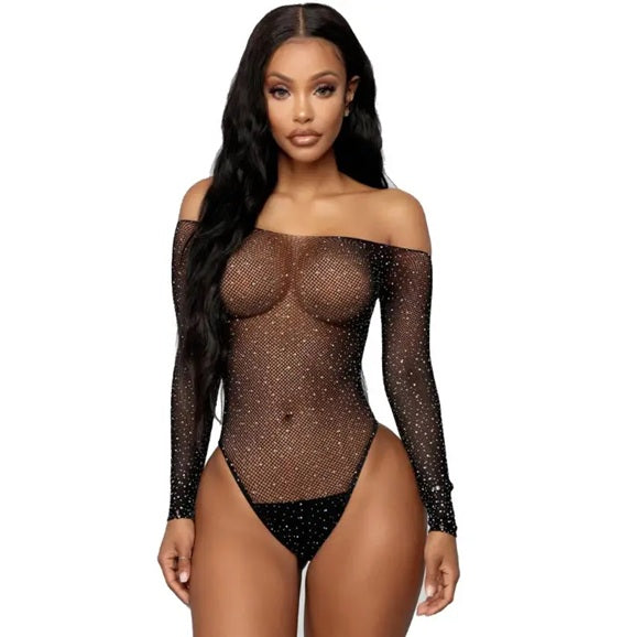 TZ09 Sheer Fishnet and Mesh Rhinestone Bodysuit