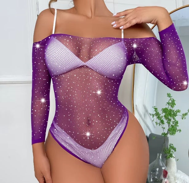 TZ09 Sheer Fishnet and Mesh Rhinestone Bodysuit
