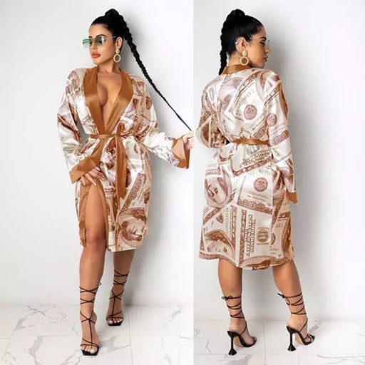 CF57 Coffee Money Printed Satin Bathrobe