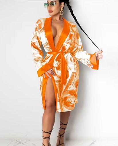 OR57 Orange Money Printed Satin Bathrobe