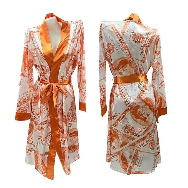 OR57 Orange Money Printed Satin Bathrobe