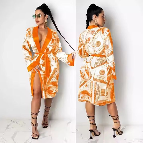 OR57 Orange Money Printed Satin Bathrobe