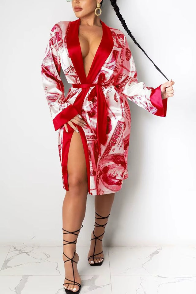 RD57 Red Money Printed Satin Bathrobe