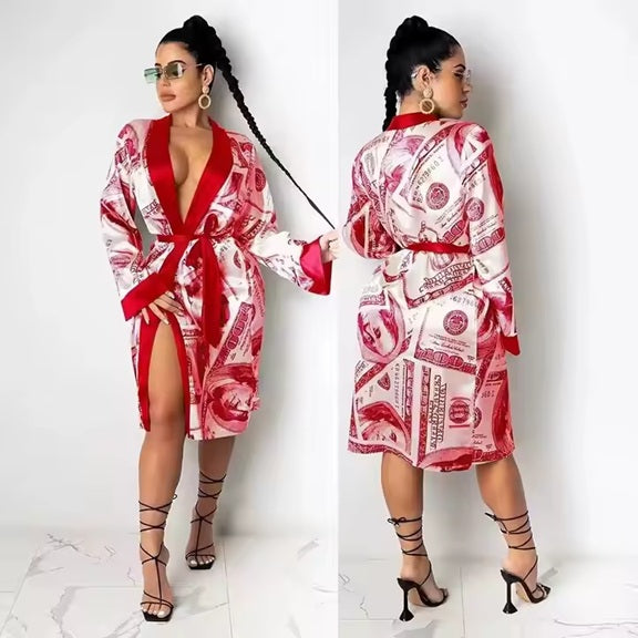 RD57 Red Money Printed Satin Bathrobe
