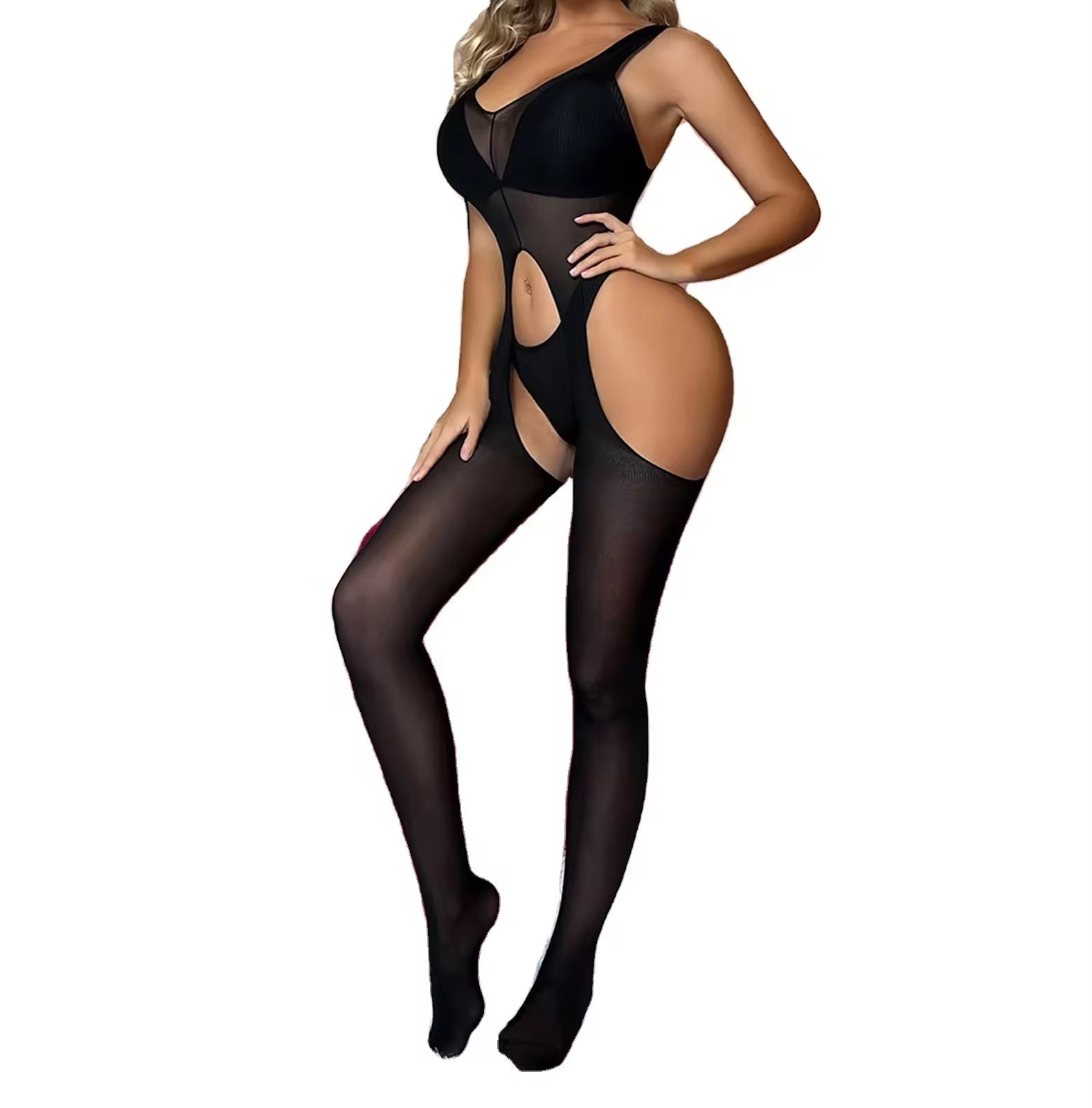 ST46 Mesh and Opaque Suspender Style Bodystocking
