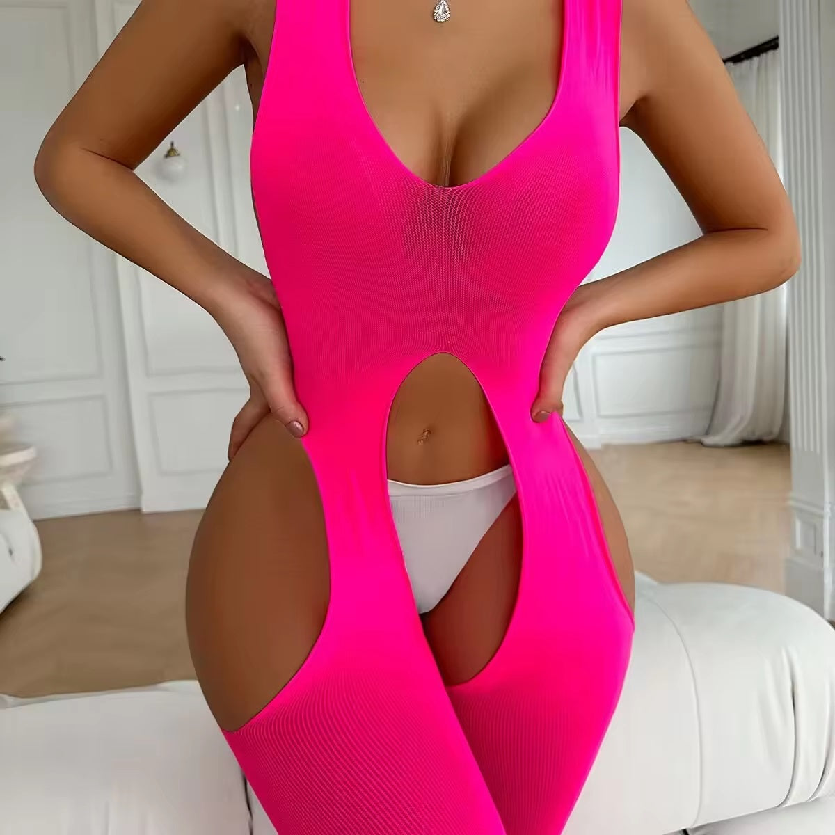 ST46 Mesh and Opaque Suspender Style Bodystocking