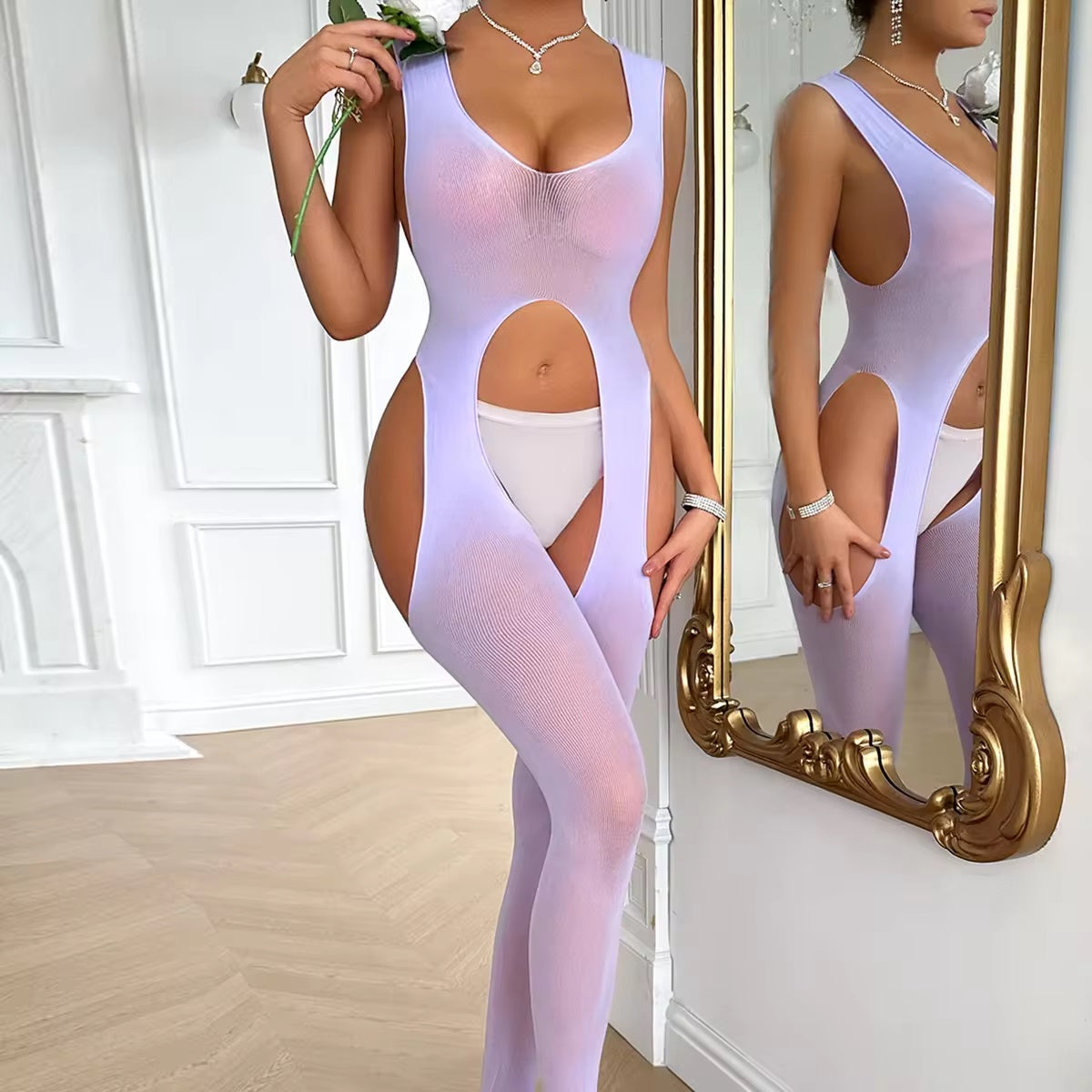ST46 Mesh and Opaque Suspender Style Bodystocking