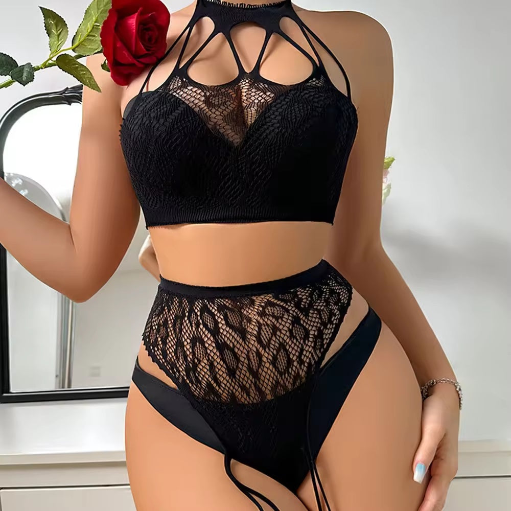 ST4605 Black Two-Piece Fishnet Set with Leg Garter