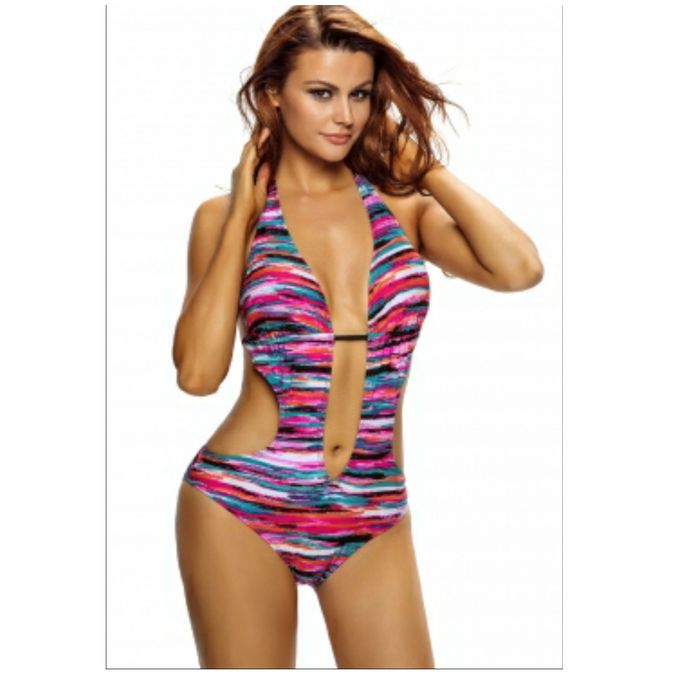 0054X Multicolor Plunge Neck Backless Swimsuit