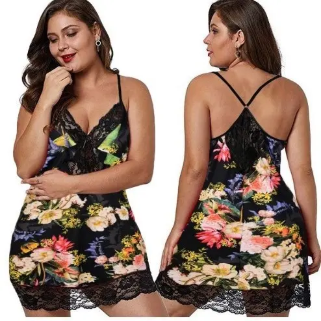 PW60 (3X/4X) Black Floral Lace Mesh Dress/Lingerie