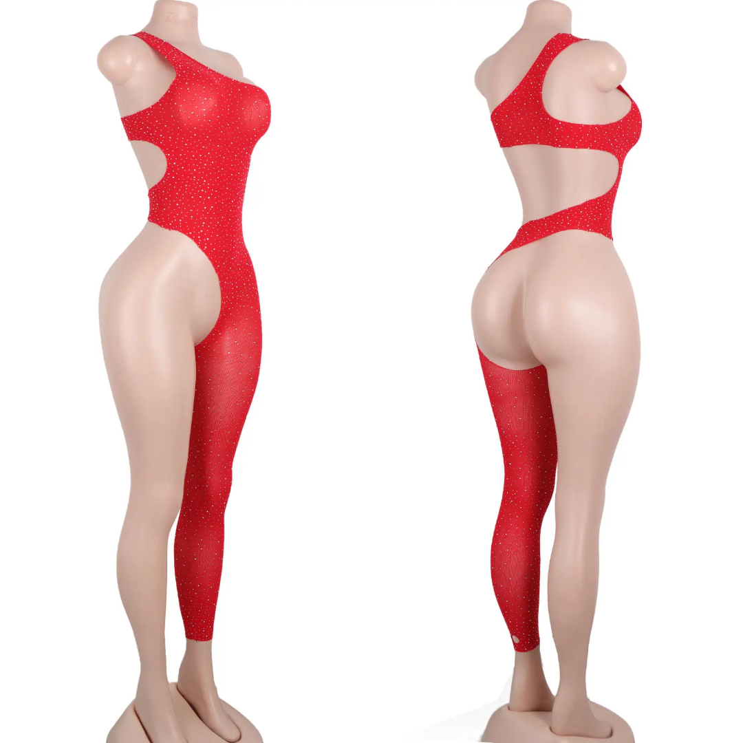 LD84 One Shoulder One Leg Open Back Rhinestone Bodystocking