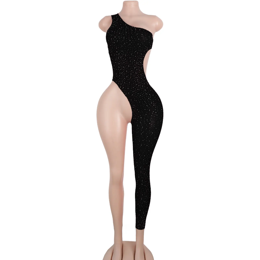 LD84 One Shoulder One Leg Open Back Rhinestone Bodystocking