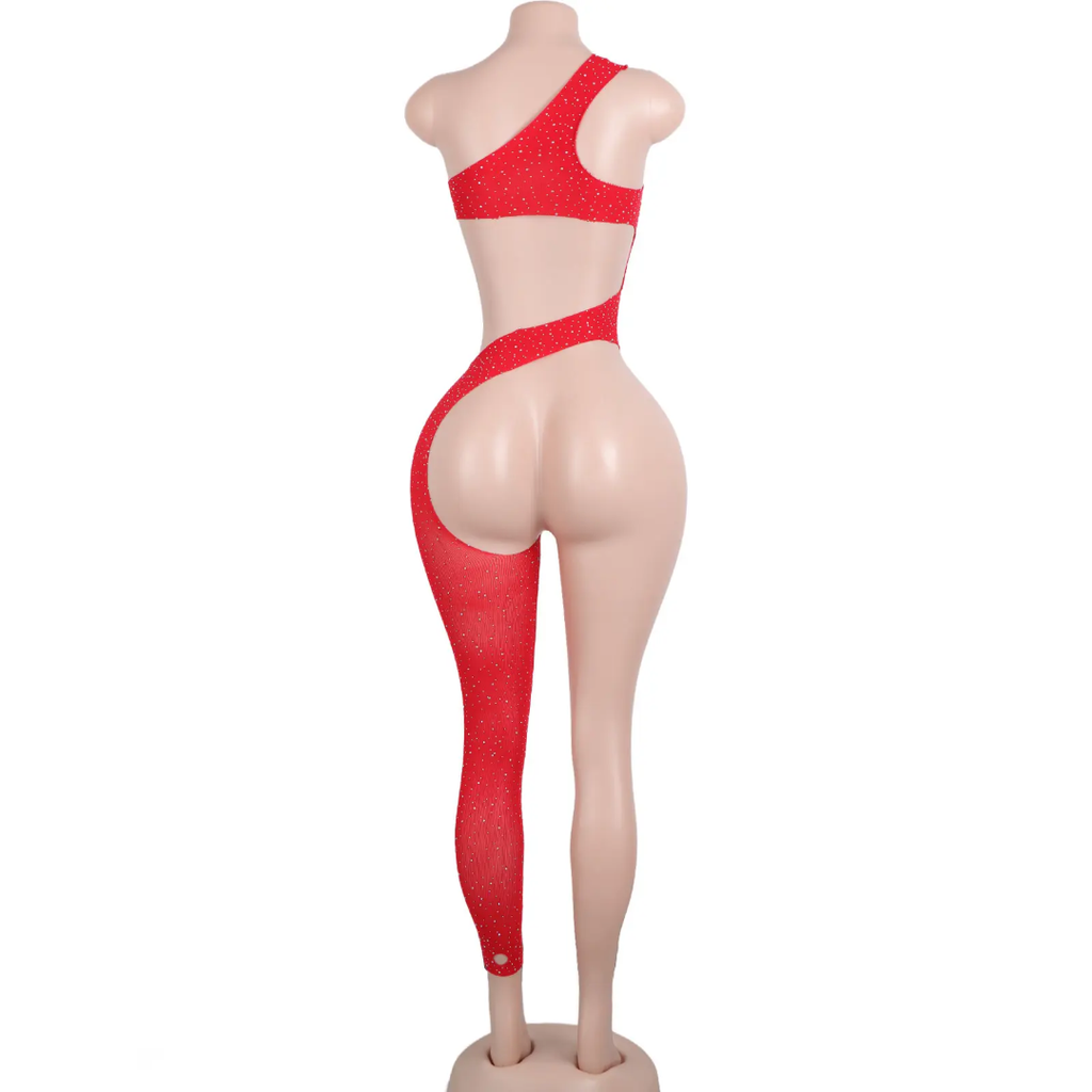 LD84 One Shoulder One Leg Open Back Rhinestone Bodystocking