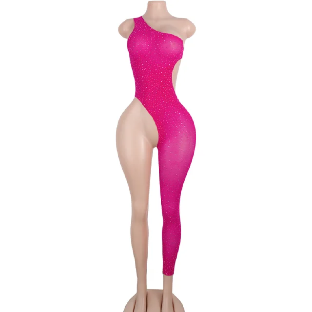 LD84 One Shoulder One Leg Open Back Rhinestone Bodystocking