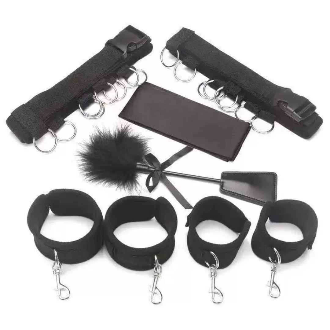 SM05 Black BDSM Bed Bondage Gear with Satin Sash and Paddle