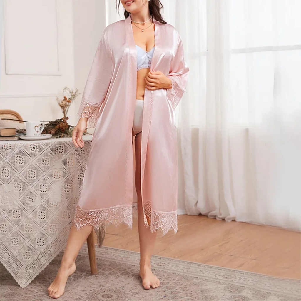 G254 Light Pink Satin Lace Trim Full Length Robe