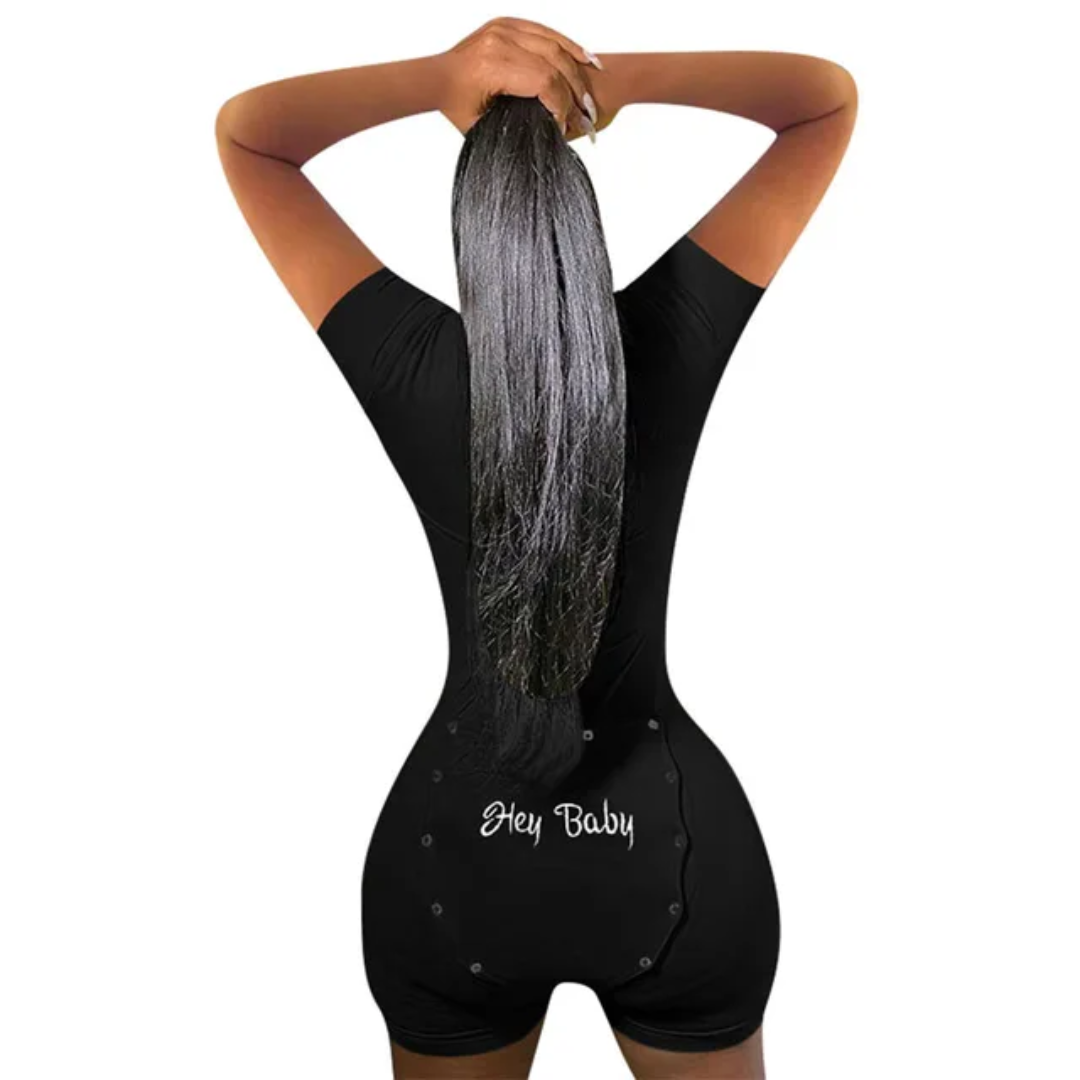 ME790 Black Short Sleeve Short Open Butt Flap Adult One Piece Pajama