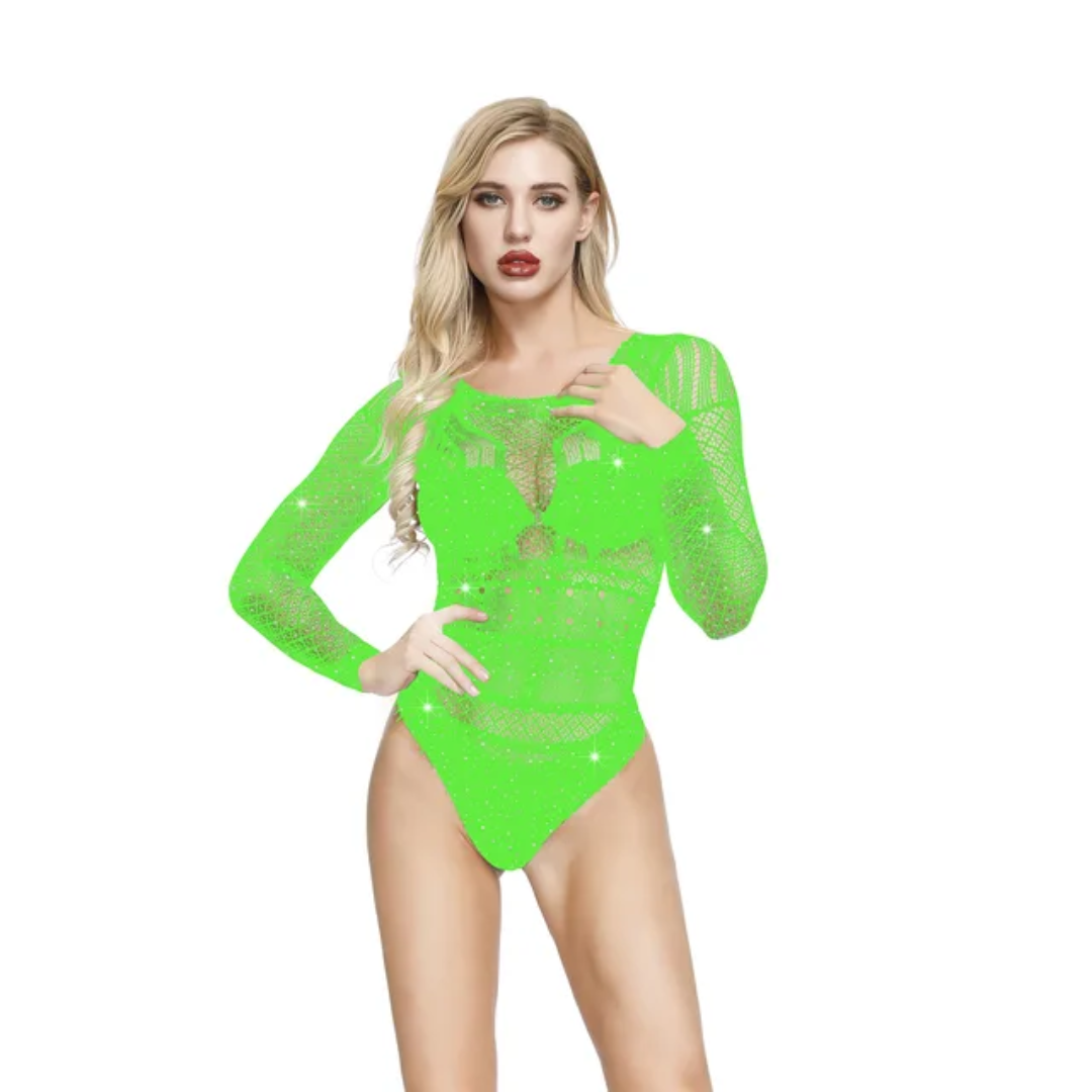 T389 Mesh and Fishnet Long Sleeve Bodysuit