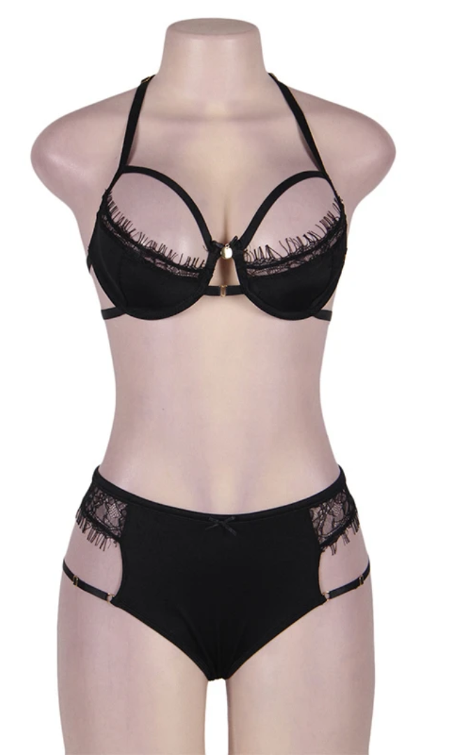 YP294 Black Halter Sexy Bra Set With Eyelash