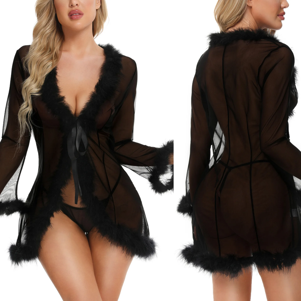 KR532 Black Mesh Feather Trimmed Short Robe