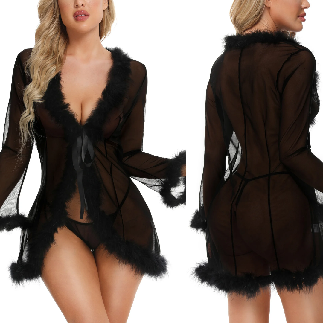KR532 Black Mesh Feather Trimmed Short Robe