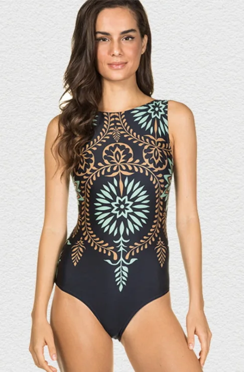 S8786 Black Gold Trim One Piece Swimsuit