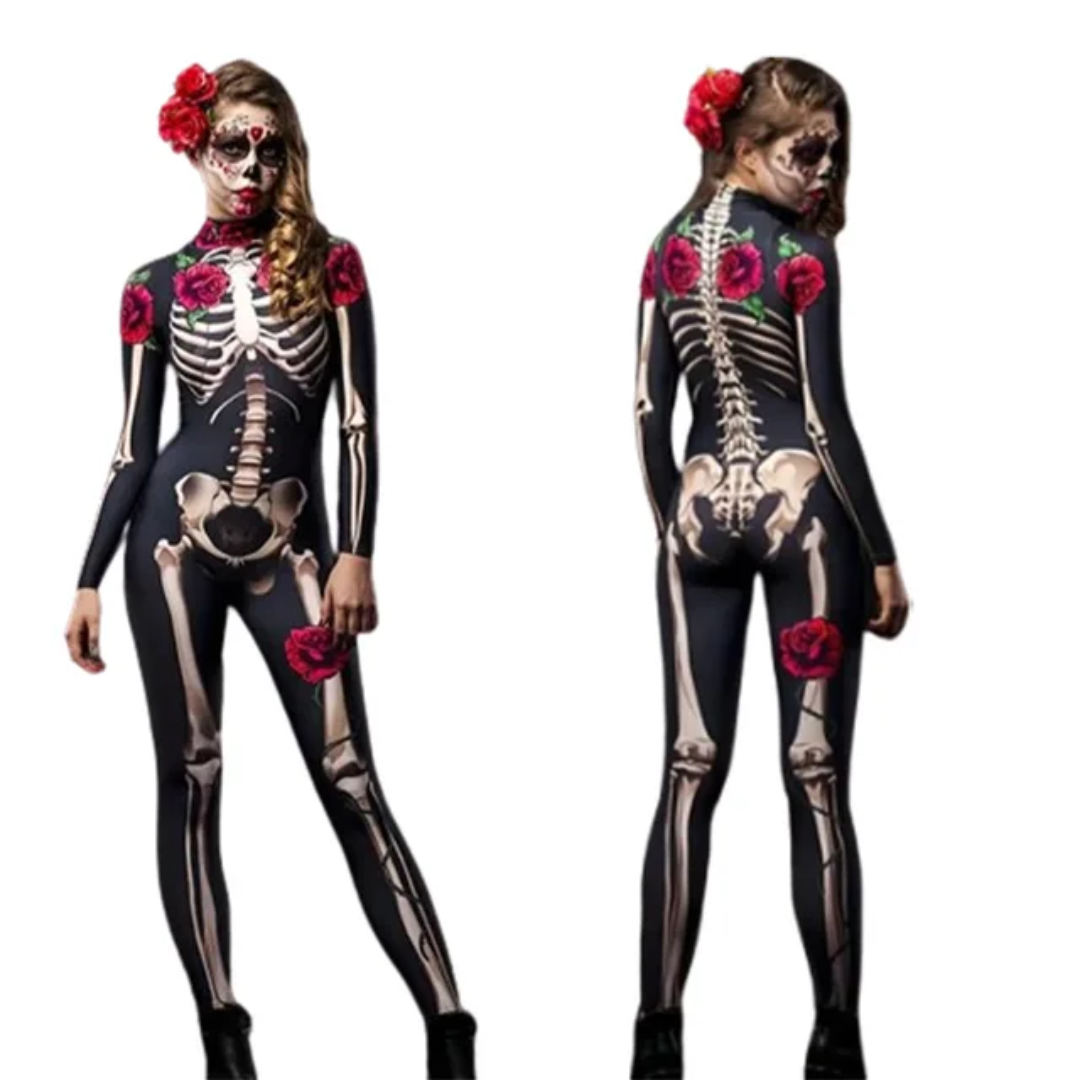 HW36 Black Day of the Dead Catsuit Skeleton Costume Jumpsuit