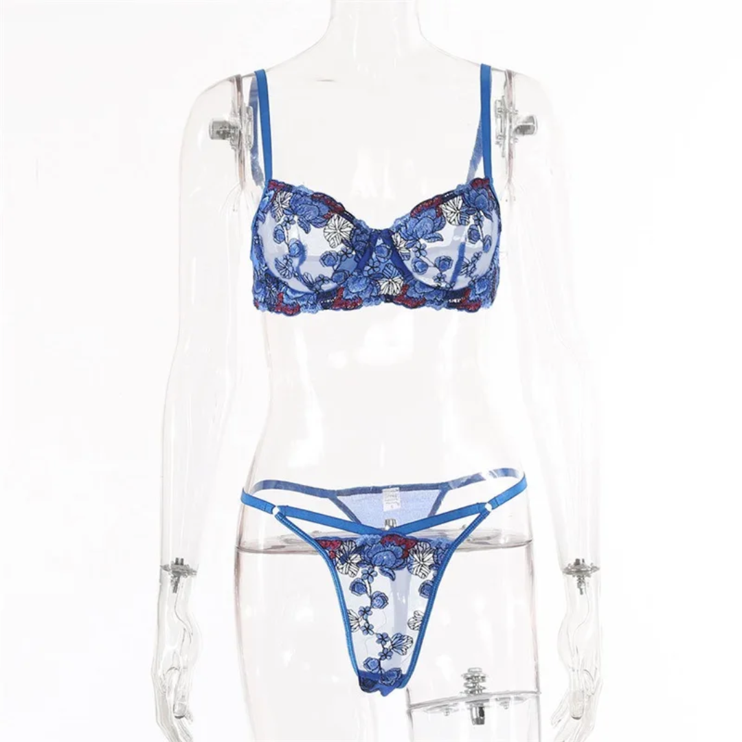 WS514 Blue Floral Mech Embroidered Underwear Two Piece Set