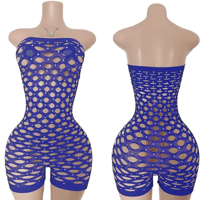 TZ52 Mesh Pothole Rhinestone Romper