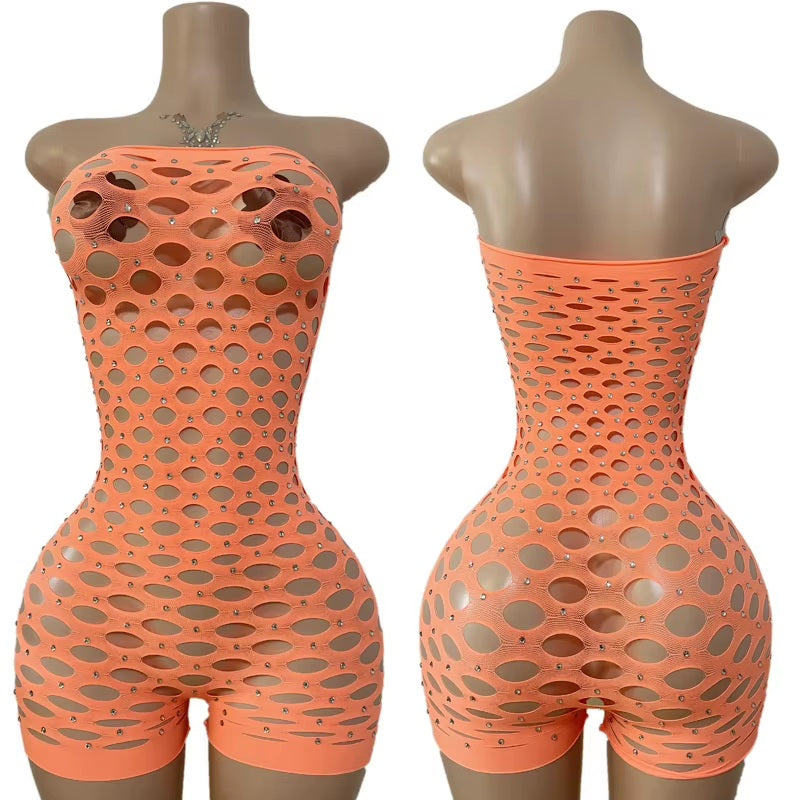 TZ52 Mesh Pothole Rhinestone Romper