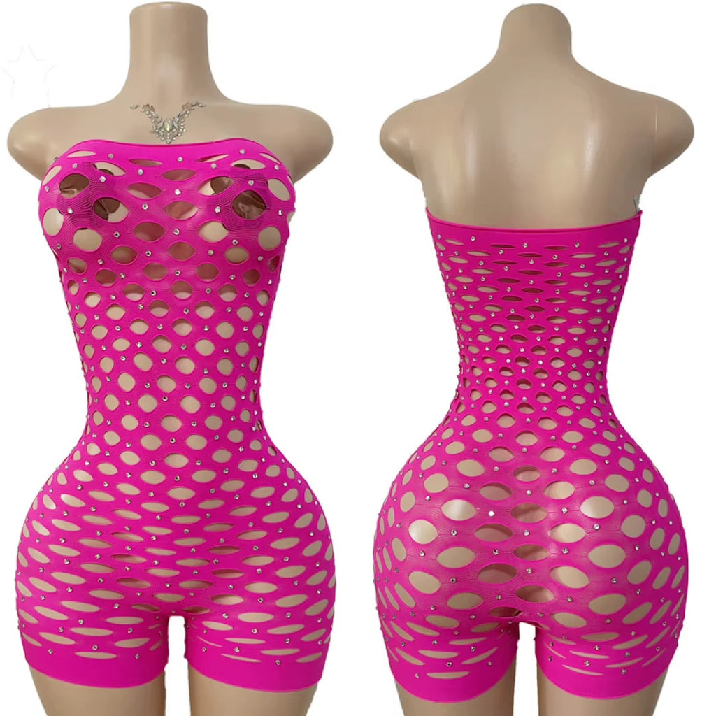 TZ52 Mesh Pothole Rhinestone Romper