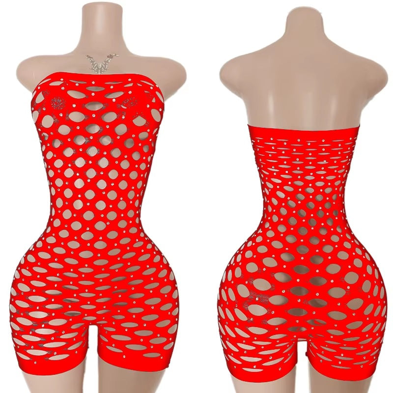 TZ52 Mesh Pothole Rhinestone Romper