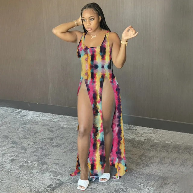 Y9870 Shades of Yellow Pink Turquoise Printed Split Beach Dress/Cover Up