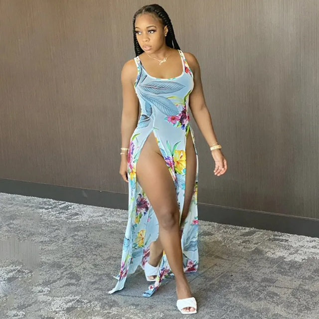 9870B Blue Floral Printed Split Beach Dress/Cover Up
