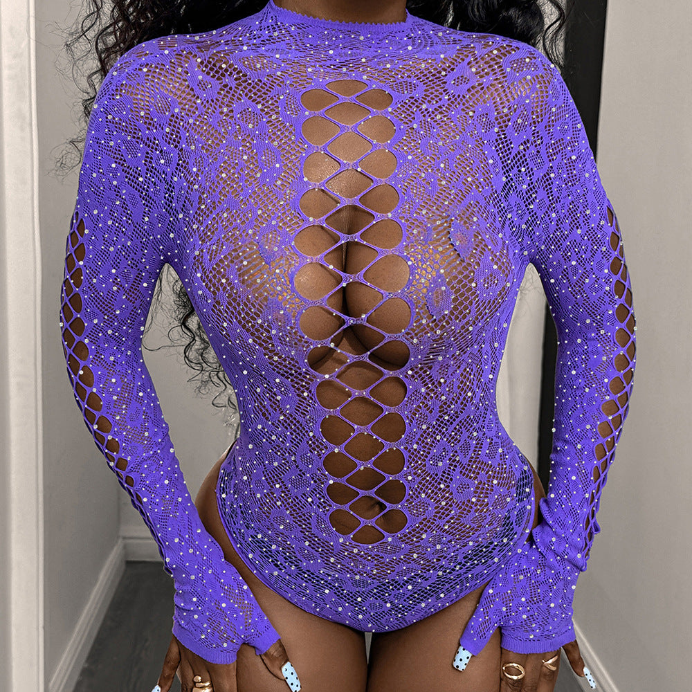 T684 Mesh Long Sleeve Hollow Out Rhinestones Floral Bodysuit