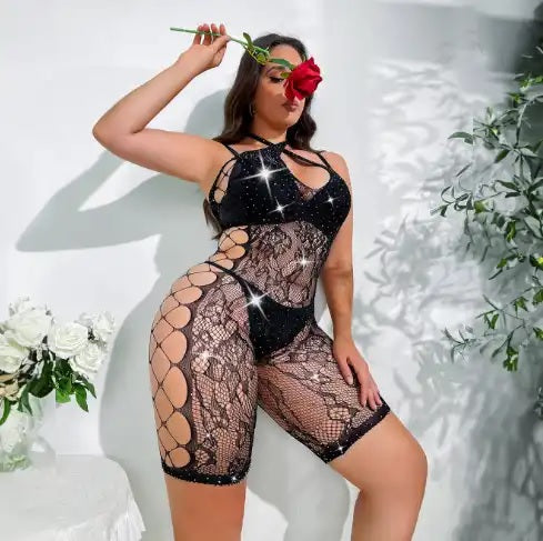 Q1369 Mesh Side Shred Rhinestone Romper