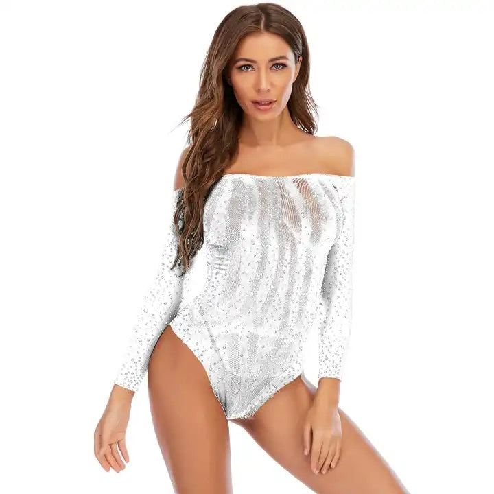 TZ42 Long Sleeve Open Back Mesh Rhinestone Bodysuit