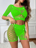 XT49 Beaded Mesh Two-Piece Tight Fitting Shorts Set