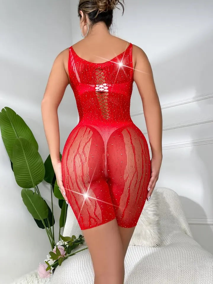 4296 Sleeveless Rhinestone Mesh and Fishnet Bodysuit Lingerie